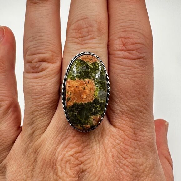Genuine unakite jasper cabochon ring in solid Sterling silver! - Picture 4 of 11